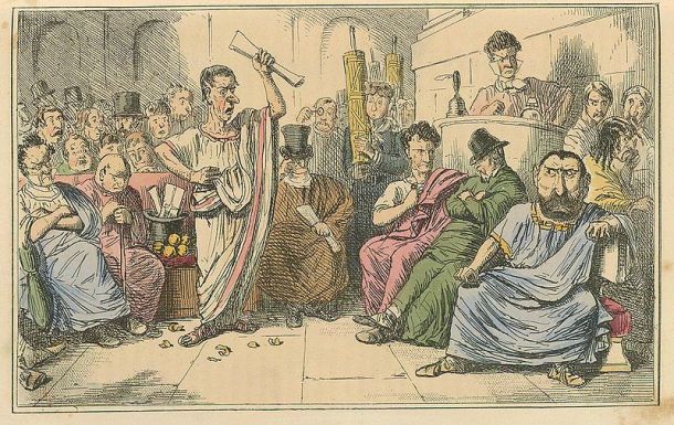 "Cicero denouncing Cataline," The Comic History of Rome by Gilbert Abbott A Beckett, 1850s.